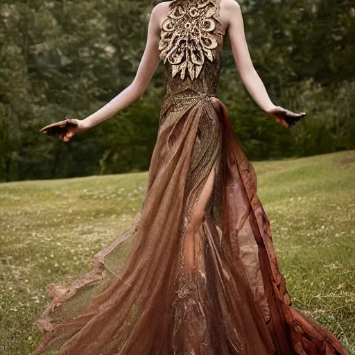 Image similar to exclusive evening dress made of bronze transparent fabric fantasy with colored flower petals made of fabric. intricate asymmetrical patterns. an elegant hat. hyperrealistic photos, clear details.