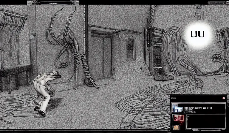 Image similar to Fighting eldritch horrors in an FPS, PC game with UI, by Junji Ito