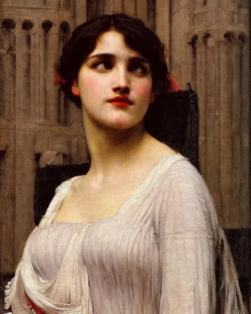 Prompt: portrait en buste of woman in greek dress by John William Waterhouse, Frederic Leighton