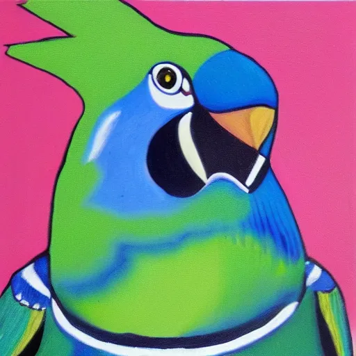 Image similar to art of a budgie maniacally grinning with a glint in its eye