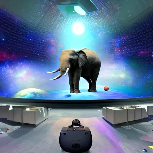 Image similar to a hyperrealistic 3D octane render of an elephant wearing oculus rift VR goggles, playing a keyboard inside of a dome planetarium with planets and galaxies, 8k, unreal engine, dramatic lighting, volumetric lighting, uplighting, ray tracing, photorealistic,