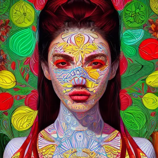 Image similar to the portrait of a beautiful and elegant young woman made up of peppers, an ultrafine detailed illustration by james jean, intricate linework, bright colors, final fantasy, behance contest winner, vanitas, angular, altermodern, unreal engine 5 highly rendered, global illumination, radiant light, detailed and intricate environment