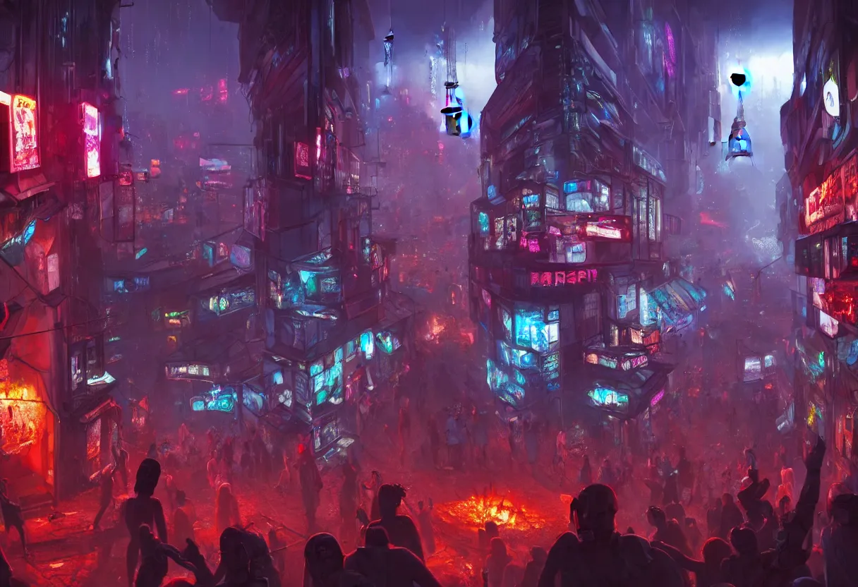 Prompt: a party in monmatre while a scifi and cyberpunk paris is melting down, art noveau, 4 k, high quality, sharp focus, ultra high definition, ultra detailed