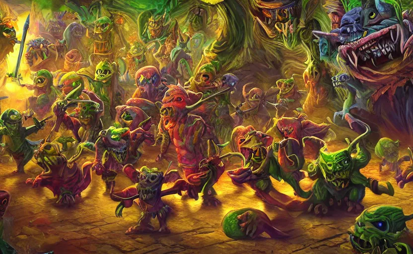 Prompt: goblins dancing in a colorful dungeon, high detail, cover art, epic composition, no text, 4K Ultra HD