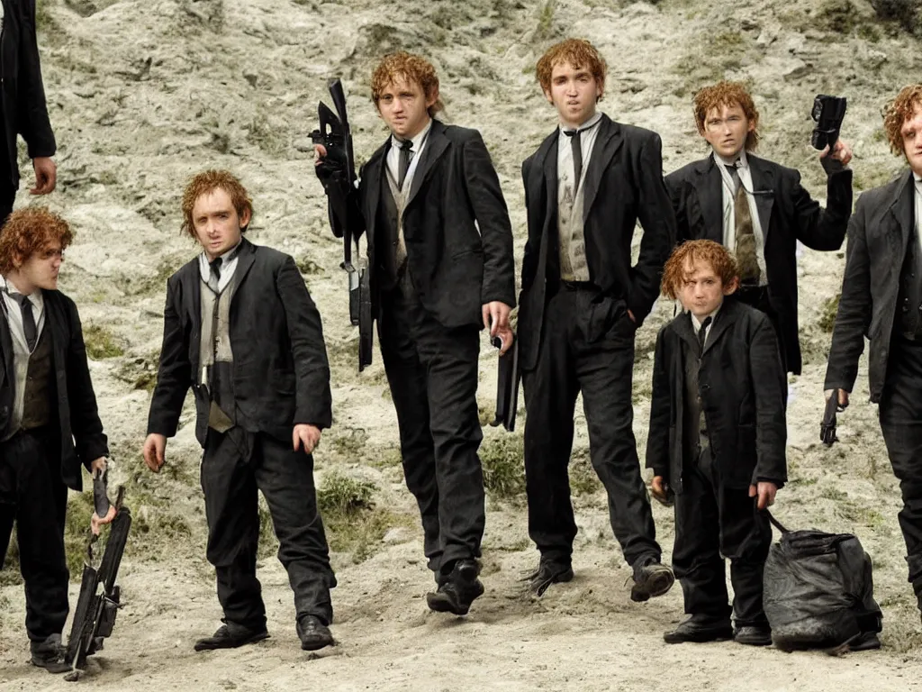 Image similar to hobbits as men in black