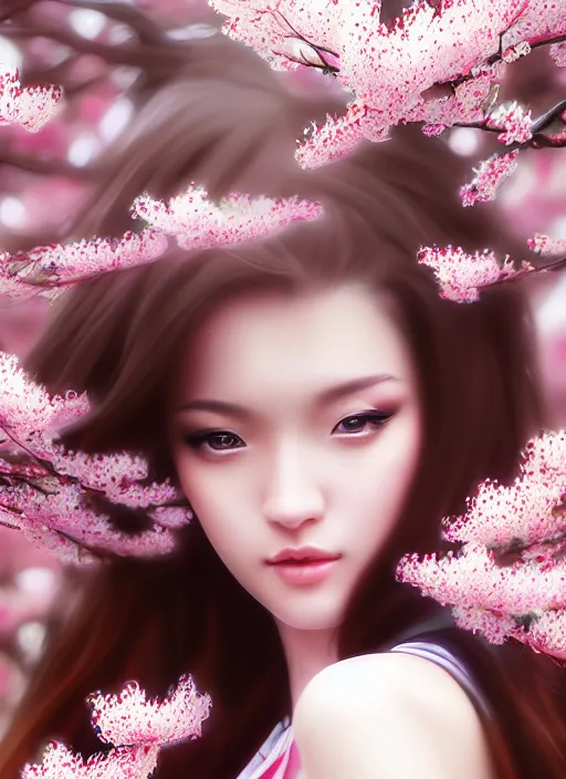 Image similar to photo of a gorgeous female in the style of stefan kostic, realistic, half body shot, sharp focus, 8 k high definition, insanely detailed, intricate, elegant, art by stanley lau and artgerm, extreme blur cherry blossoms background