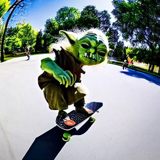 Prompt: Yoda skateboarding towards the camera, photograph, fisheye lens