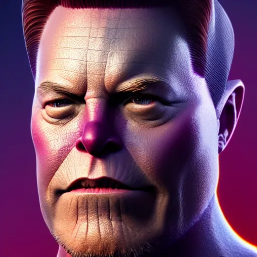 Image similar to a full character portrait of elon musk as thanos, the pixar adaptation, with same hairstyle, hyper detailed, digital art, trending in artstation, cinematic lighting, studio quality, smooth render, unreal engine 5 rendered, octane rendered