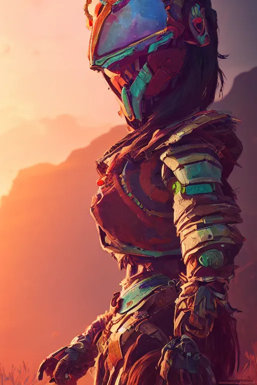 Image similar to combination suit armor aloy horizon forbidden west horizon zero dawn radiating a glowing aura global illumination ray tracing hdr fanart arstation by ian pesty and alena aenami artworks in 4 k tribal robot ninja mask helmet backpack