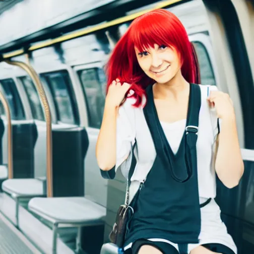 Image similar to A cute anime girl with red hair in a pony tail, she is riding the train to work early in the morning.