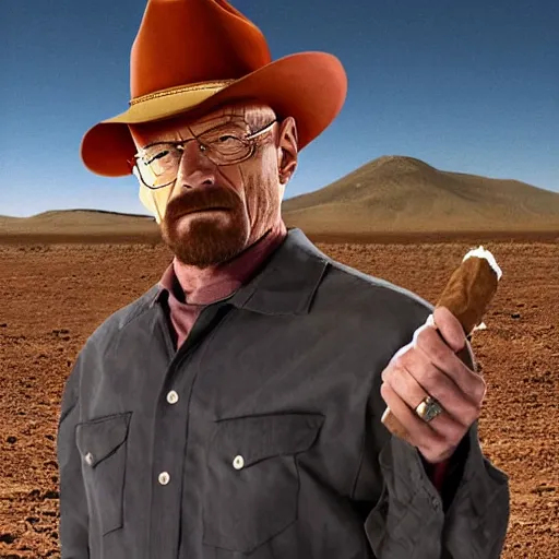 Prompt: walter white wearing a cowboy outfit and smoking a cigar in a desert full of bushes