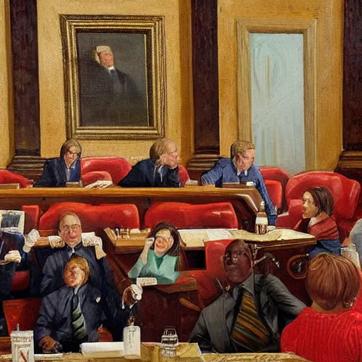 Image similar to oil painting of us senators devouring bones in the Senate chamber h- 512 w- 512