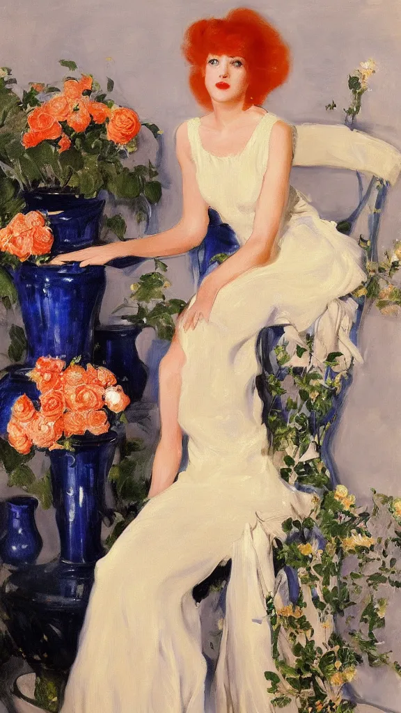 Image similar to young julee cruise in detailed golden lace navy dress beside a pot of red roses set near a persian blue detailed pot by john singer sargent