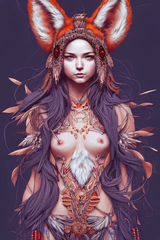 Image similar to digital art, centered full body girl with fox headdress ,intricate, veins, by James Jean and by artgerm , by ross tran, ultradetailed, charachter design, concept art, trending on artstation,