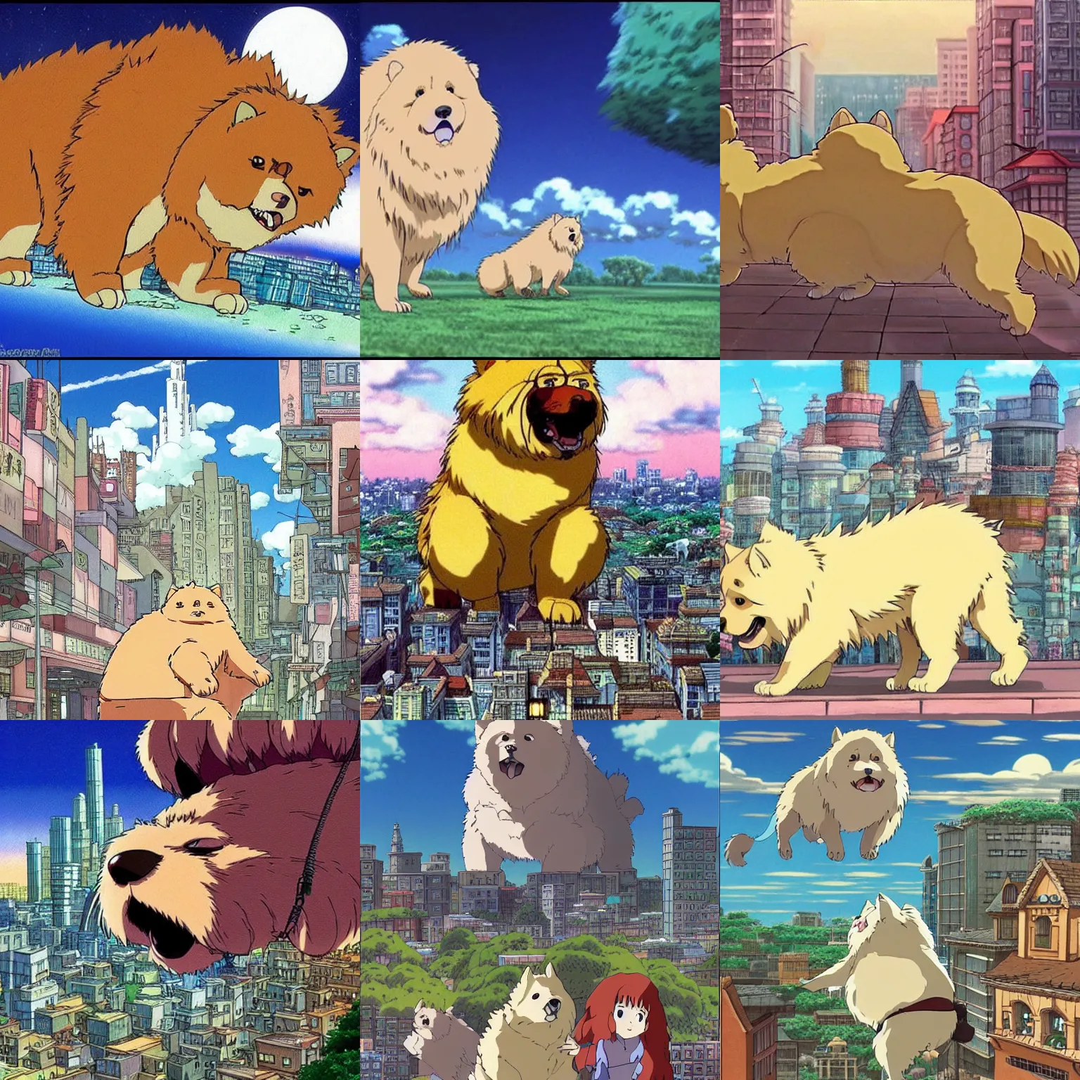 Prompt: a giant chow chow attacking a city, by studio ghibli, by hayao miyazaki, beautiful anime