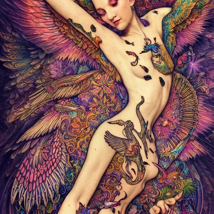 Image similar to extremely psychedelic tattoo design made of wings and mushrooms, LSD tattoo design, diffuse lighting, fantasy, intricate, elegant, highly detailed, lifelike, photorealistic, digital painting, artstation, illustration, concept art, smooth, sharp focus, art by John Collier and Albert Aublet and Krenz Cushart and Artem Demura and Alphonse Mucha