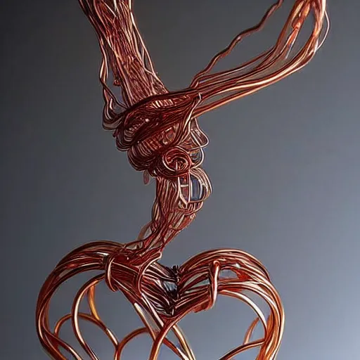 Image similar to a very beautiful tiny ( ( ( ( human heart ) ) ) )!!!!!!!!!!!!!!!!!!!!!!!!! organic sculpture made of copper wire and threaded pipes, very intricate, curved. studio lighting, high resolution, high quality, black background