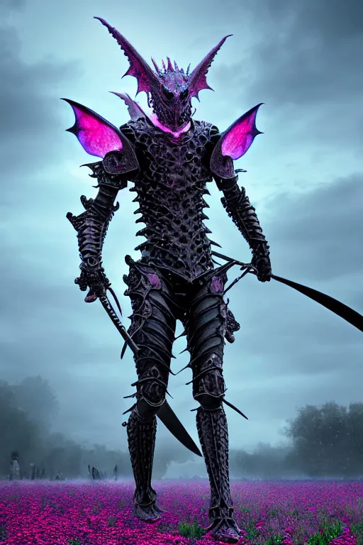 Prompt: hyperrealistic neo - gothic human dragon hybrid, exoskeleton armor, fighting with sword, field of pink flowers, highly detailed digital art masterpiece, vitaly bulgarov dramatic dark teal light, ground angle hd 8 k, sharp focus