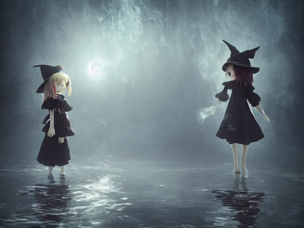 Prompt: cute fumo plush girl witch standing in reflective murky river water, gothic horror maiden in tattered cloth, volumetric fog and smoke, light shafts shining through the dusky light, moonglow, lens flare, chibi anime, vray