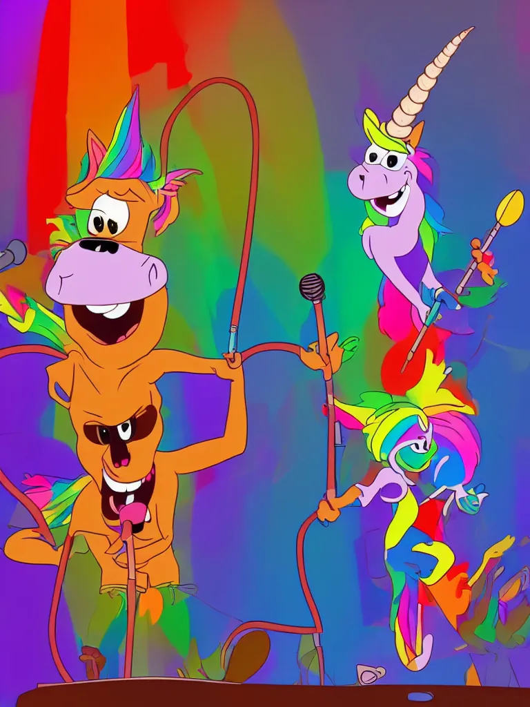 Image similar to a realistic rainbow colored unicorn beat boxing on stage holding a microphone by Pixar and looney tunes