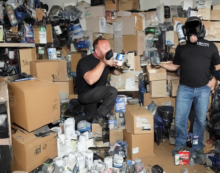 Prompt: Alex Jones inventing new conspiracy theories in his garage office, surrounded by boxes of herbal supplements and trash, swat riot team is kicking in the door, tear gas, detailed photograph high quality