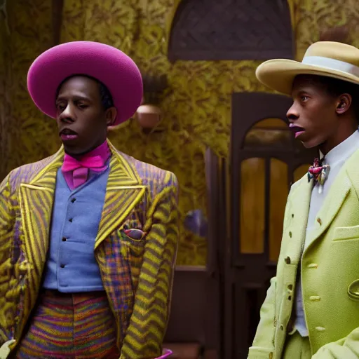 Prompt: A photo of Tyler the Creator and A$AP Rocky in a Victorian Mansion in the movie The Grand Budapest Hotel (2014), golden, vibrant, colorful, 8K, copper, brass, f/22, 35mm, 2700K, kodachrome