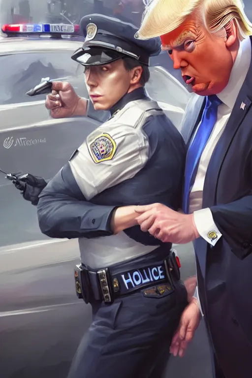 Prompt: donald trump being handcuffed in front of a police car, elegant, real life skin, intricate, high detailed, artstation, concept art, smooth, sharp focus, art by artgerm and greg rutkowski