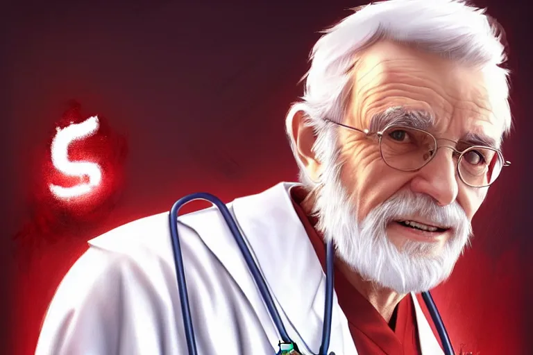 Image similar to a cute doctor in white coat and an old man with red t - shirt, cinematic, highly detailed, digital painting, artstation, concept art, matte, sharp focus, illustration, art by artgerm and greg rutkowski