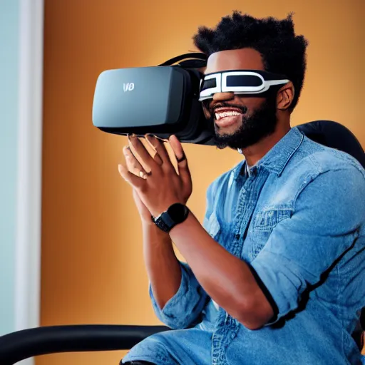 Image similar to A black man with black hair wearing a vr headset, smiling, realistic, ultra HD