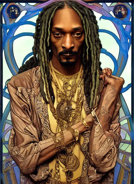 Image similar to Snoop Dog as God of Weed, brutal, epic, intricate, elegant, highly detailed, digital painting, 4k, HDR, concept art, smooth, sharp focus, illustration, art by alphonse mucha,artgerm, H R Giger