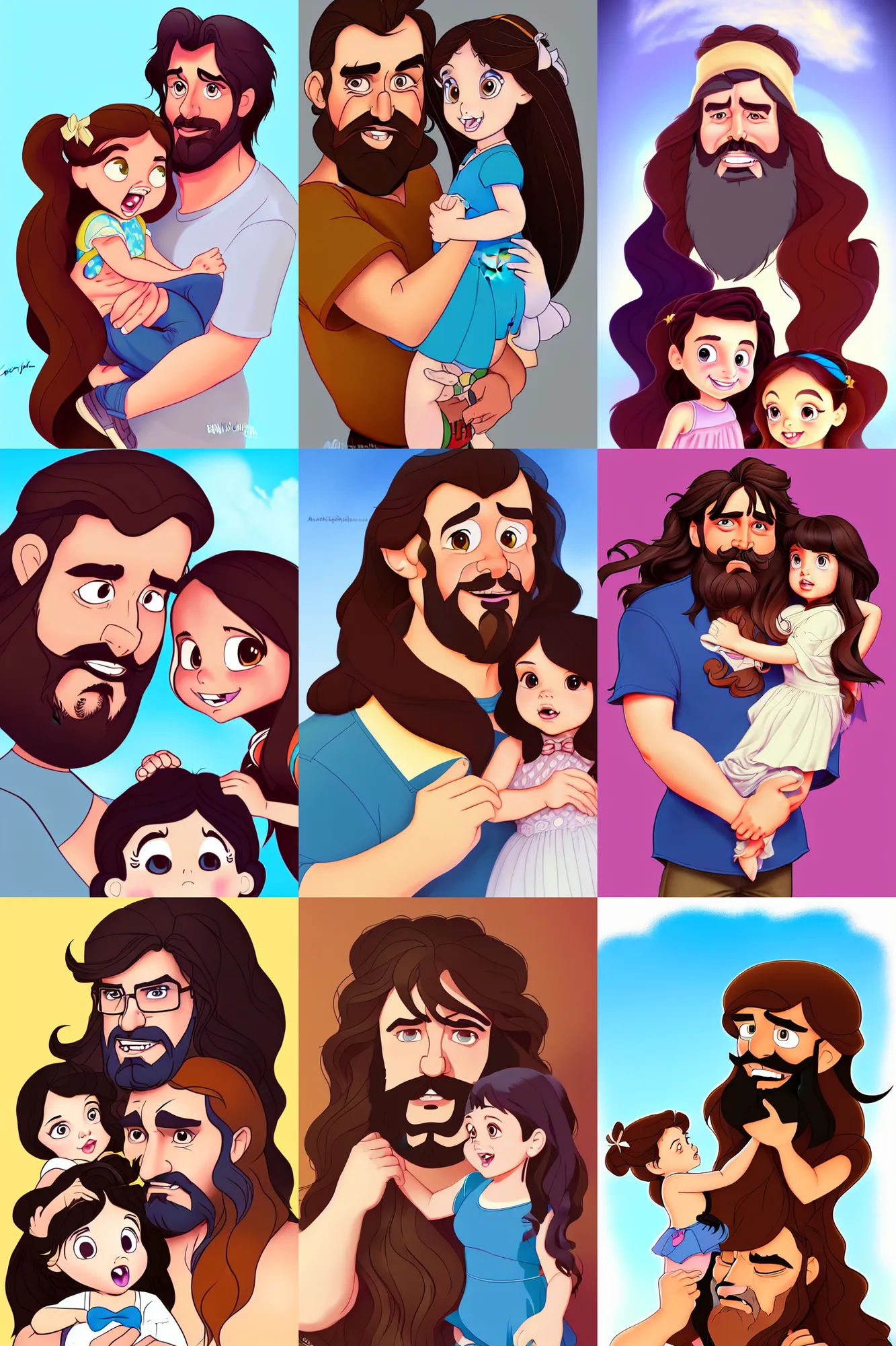 Prompt: a long - haired bearded father and his cartoonish brunette child toddler girl full color digital illustration in the style of don bluth, artgerm, artstation trending, 4 k