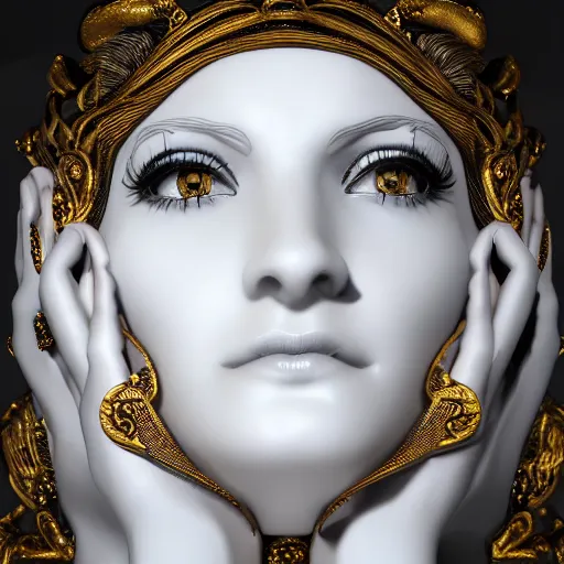 Prompt: smooth white marble statue face of gorgeous woman, black onyx details, black and gold wires, hyper realistic render, super detailed, photo quality, octane render, corona render