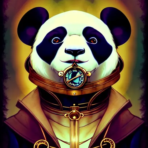 Image similar to don bluth, loish, artgerm, joshua middleton, steampunk, clockpunk anthropomorphic panda, full sailor suit, symmetrical eyes symmetrical face, colorful animation forest background