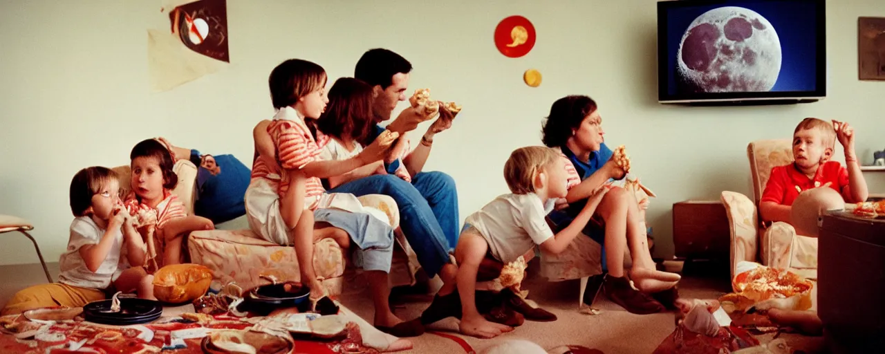 Image similar to a family watching the moon landing on tv, eating spaghetti, in the style of diane arbus, canon 5 0 mm, wes anderson film, kodachrome, retro