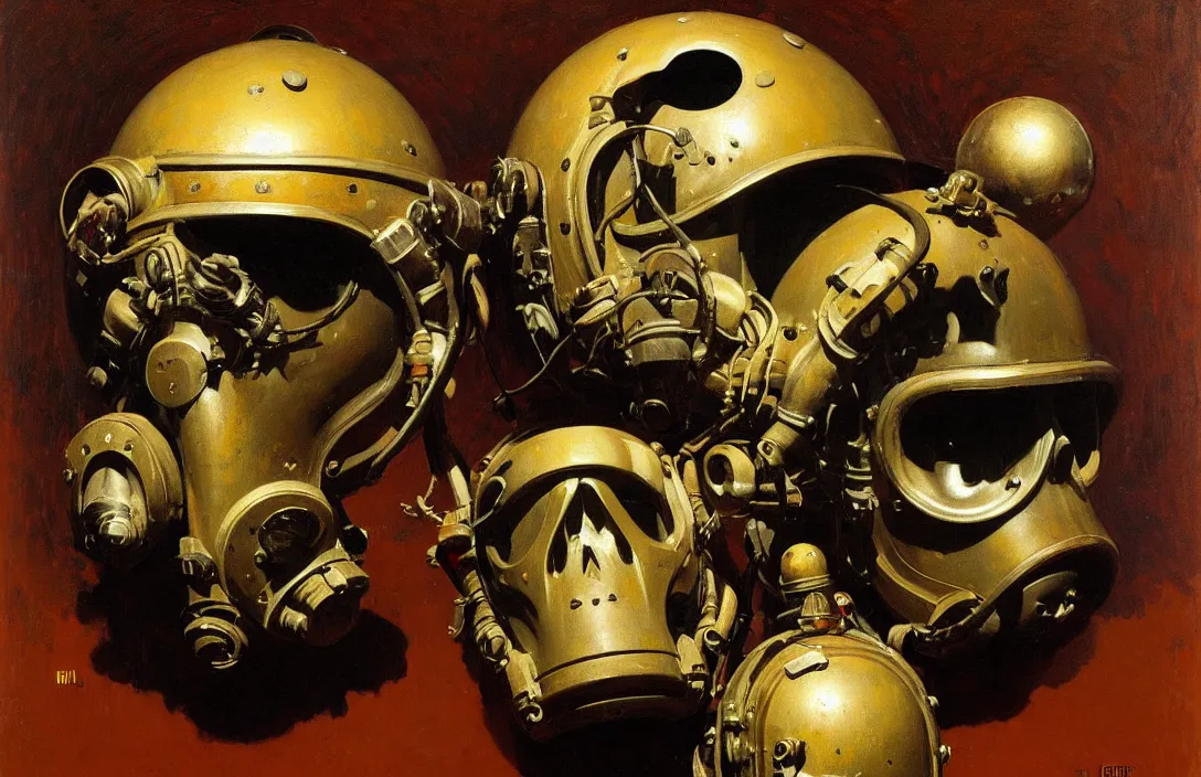 Image similar to portrait of deep sea diver helmet, the notorious b. i. g.!!!!!!!!!!!!!!!!!!!!!!!!!!!, detailed skull face, detailed painting, epic lighting, by ilya repin, phil hale and kent williams