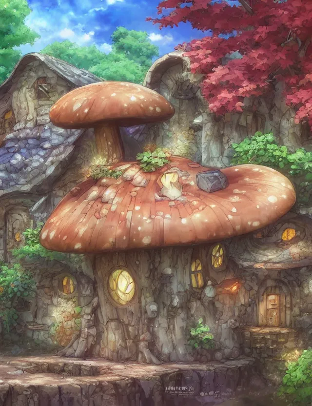 Image similar to anime scenery of a mushroom house, trending artwork, painted in anime painter studio, by anato finstark, tony sart, marc simonetti and an anime artist, collaboration