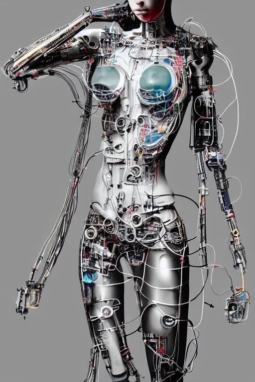 Image similar to Cyborg girl with wires and mechanisms sticking out of her body, full-length view, hyperrealism