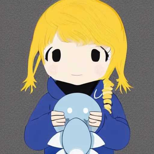 Image similar to a blonde girl in a black hoodie holding a blahaj blue shark plush from ikea, anime style digital art