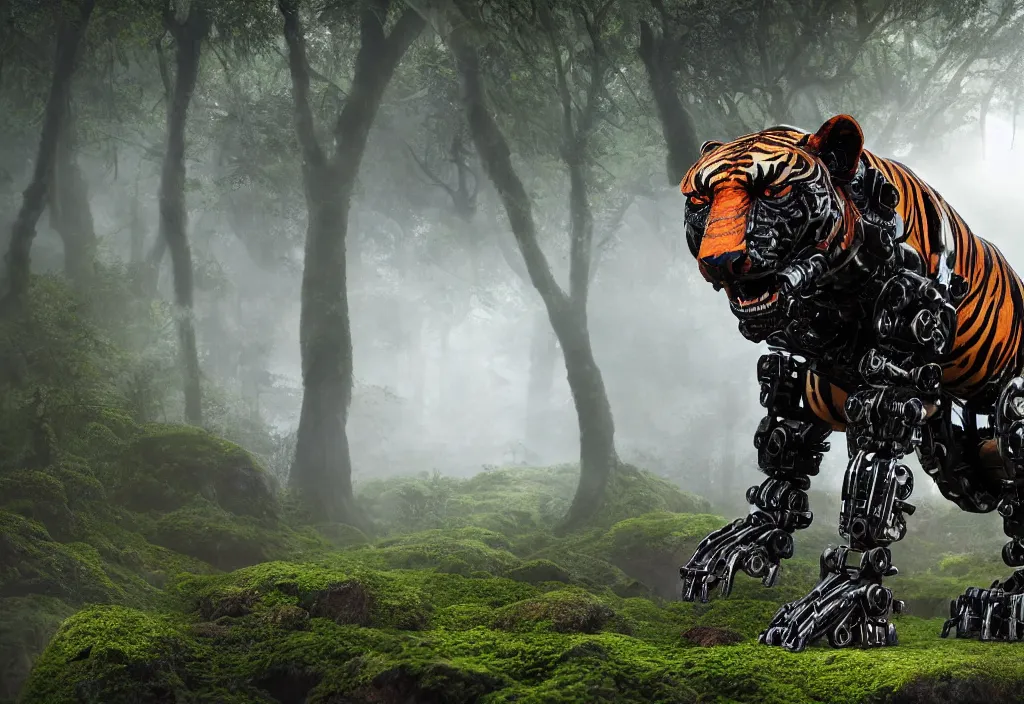 Image similar to quadruped tiger shaped mech, with black synthetic muscles, sinew, clean, simple plastic components, minimalist, product design, modern, in a colourful mossy humid jungle, weta workshop, cinematic, realistic, stylised, unreal engine, hyper realistic, octane render, fog, god rays, bloom,