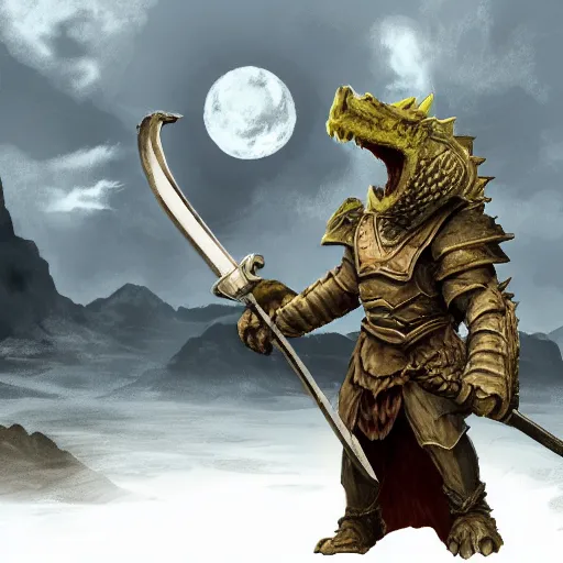 Image similar to dragonborn holding a sword, fantasy, landscape, dnd