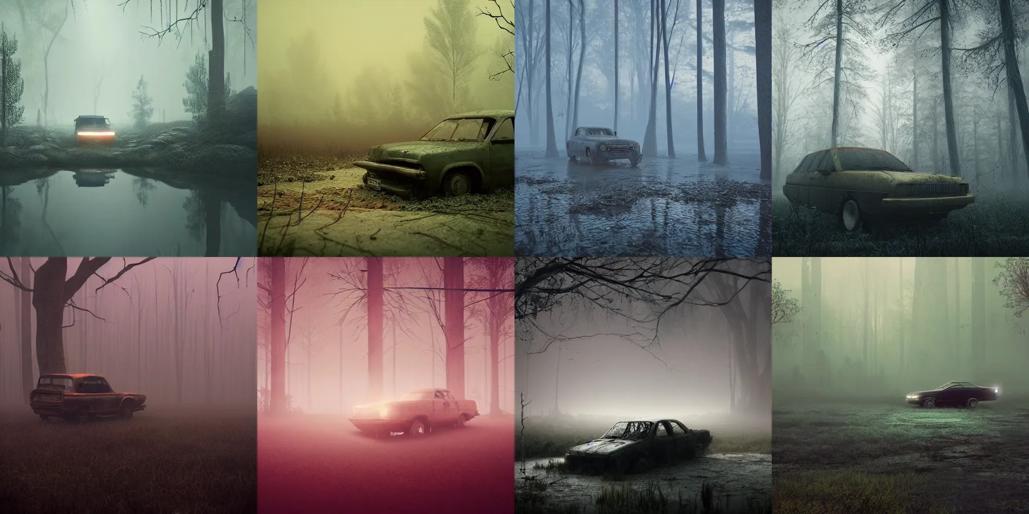 Image similar to beautiful dark creepy foggy swamp landscape, old abandoned car sinking, in the style of beeple and Mike Winkelmann, intricate, epic lighting, cinematic composition, hyper realistic, 8k resolution, unreal engine 5,