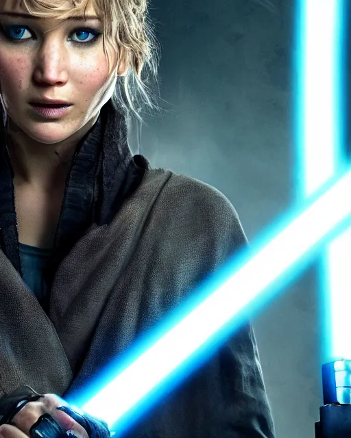 Prompt: jennifer lawrence as a jedi with ripped and damaged clothes holding a single lightsaber, blue coloured, in her hands, very dark background, official new star wars episode xi movie poster from lucas arts, perfect symmetrical face, moody lighting, 8 k, shallow depth of field, intricate detail,