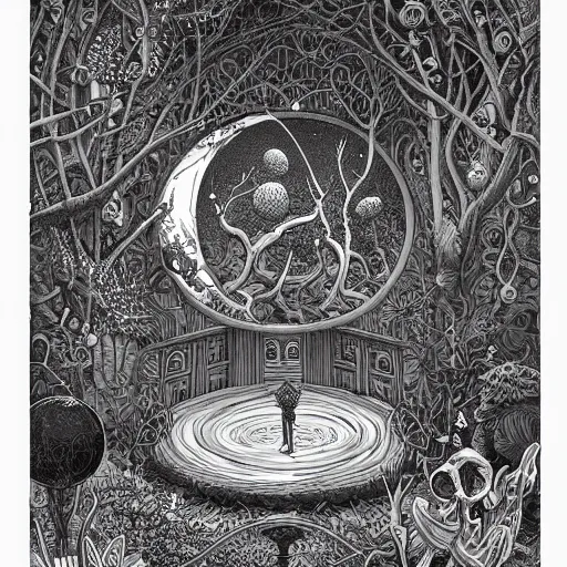 Image similar to a portal in a mysterious garden filled with spherical plants, artwork by Joe Fenton, trending on art station