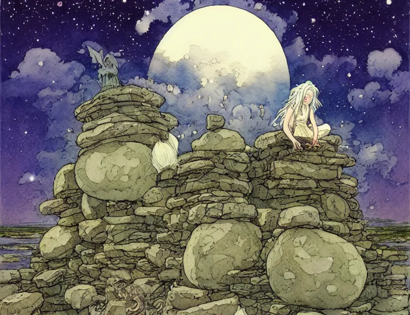 Image similar to a hyperrealist studio ghibli watercolor fantasy concept art of a giant long haired grey witch in lotus position sitting on top of the stones of stonehenge with a starry sky in the background. a ufo is in the sky. by rebecca guay, michael kaluta, charles vess