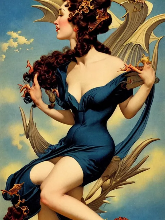 Image similar to Dragon goddess takes flight, a beautiful art nouveau portrait by Gil elvgren and Gerald brom, centered composition, defined features, golden ratio