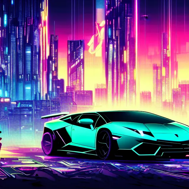 Prompt: epic professional digital art of synthwave lamborghini driving through neon cyberpunk futuristic city towers, mountains in background, intricate, detailed, screen stil from the movie'fifth element ', wlop, pixiv