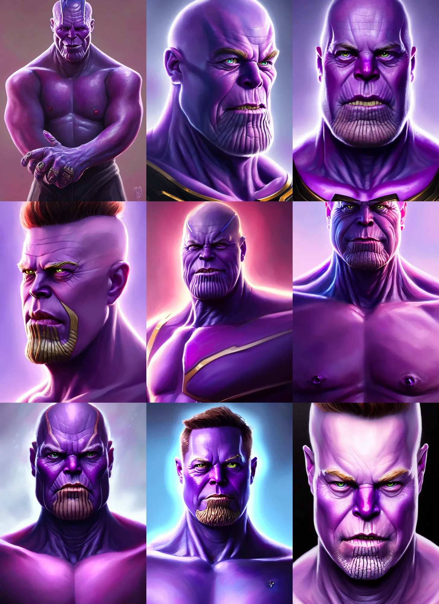 Prompt: a fantasy style portrait painting a character if elon musk and thanos had a son, purple skin, powerful chin, thanos style traits, painting, unreal 5, daz., rpg, portrait, extremely detailed, artgerm greg rutkowski _ greg