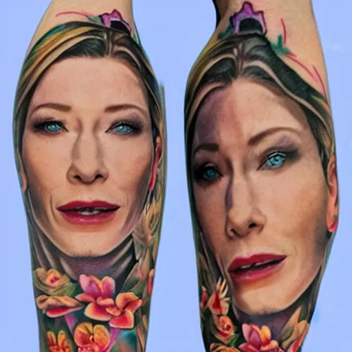 Image similar to full body tattooed cate blanchett,japanese, highly detailed, photorealistic, 4k