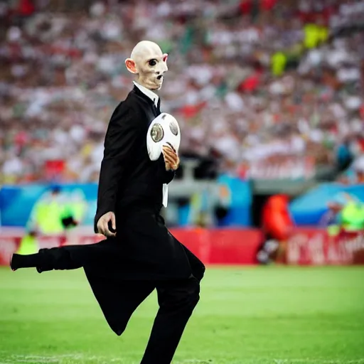 Prompt: portrait of nosferatu playing alone football at the world cup, sport photography