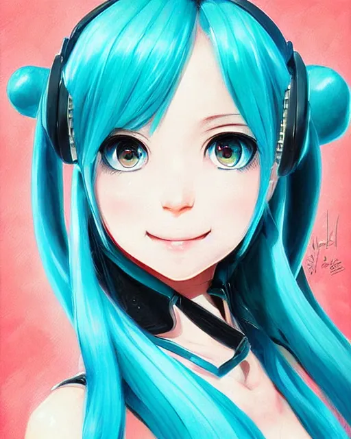 Image similar to A very very very beautiful painting of Hatsune Miku by rossdraws, wlop, artgerm, Gil Elvgren, Ilya kuvshinov